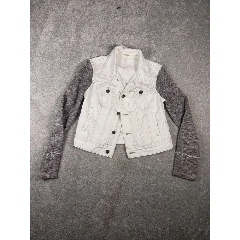 Free People Women's Cotton Denim Jean Woven Knit Sleeves Jacket White Gray Xs - Picture 1 of 6